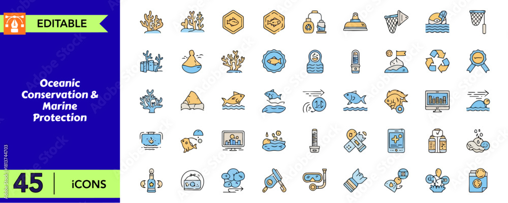 Fototapeta premium Oceanic conservation and marine protection thin line icon set with coral reefs, aquatic life, underwater research, pollution prevention, and sustainable fishing for preserving marine ecosystems