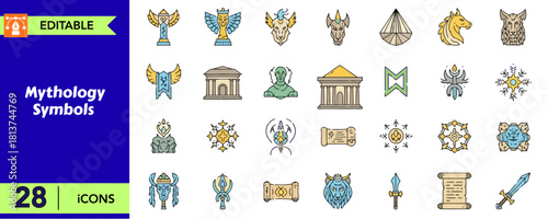 Mythology symbols vector icons set flat line style editable stroke greek nordic ancient cultural and religious imagery spiritual graphic elements
