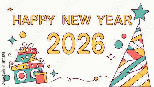 Happy new year 2026 celebration with gifts and party hat art.
