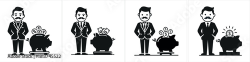 A black and white icon a man standing next to a piggy bank