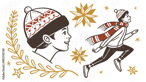 Young person in winter clothes with festive stars illustration