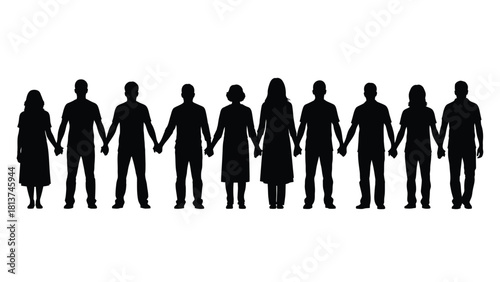 Diverse People Silhouettes Holding Hands Vector Illustration. Group Standing in Line Symbolizing Unity, Community, and Teamwork on White Background.