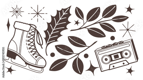 Retro winter holiday elements: ice skate, holly, cassette tape