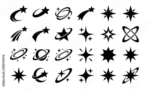 Collection of Sparkling Starbursts and Swirling Galaxy Icons on a White Background
