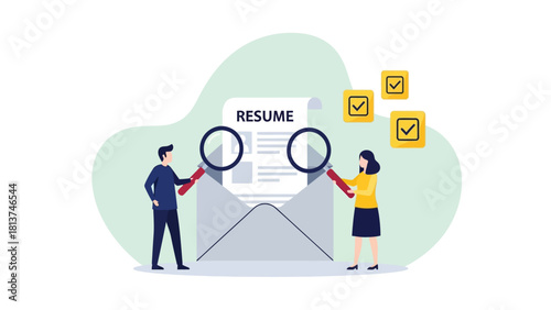 Resume Review and Job Application Screening Process. HR Managers Examining CV Document with Magnifying Glasses. Vector Illustration for Hiring and Recruitment Concepts