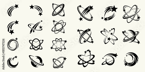 Collection of Star Trail Graphic Elements in Black and White for Design and Decoration