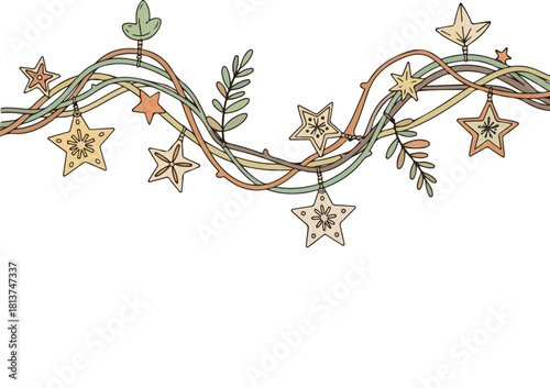 Eco-friendly Christmas decoration with a starry garland on a white background, featuring natural elements and earthy tones.