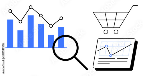 Bar chart, line graph, magnifying glass, shopping cart, and analytics dashboard. Ideal for data analysis, e-commerce strategy, market research, business growth performance tracking sales insight
