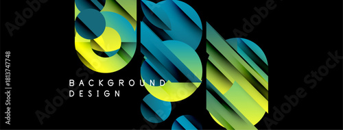 Abstract geometric shapes overlap, creating vibrant gradients. Yellows, blues, greens dominate dark background. Modern design element.