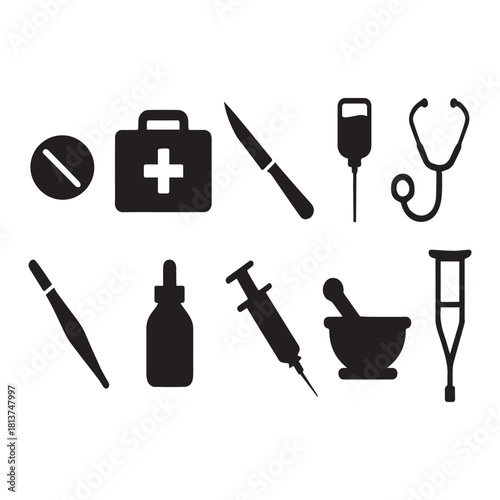 Minimalist medical equipment silhouettes in black on white backdrop showcasing healthcare essentials in bold form