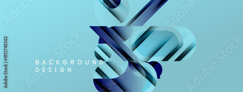 Abstract geometric shapes create dynamic blue background. Modern design elements suggest innovation, technology, depth. Smooth gradients enhance visual appeal.