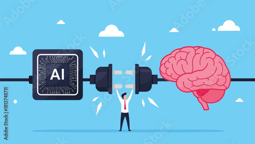 AI Brain Connection Concept. Businessman Plugging In Artificial Intelligence Chip and Human Mind. Synergy of Technology and Neural Network.