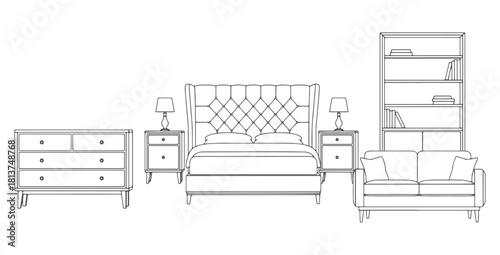 CAD Drawings. Front view furniture — bed with headboard, dresser, nightstands, sofa, shelving unit. Vector illustration.
