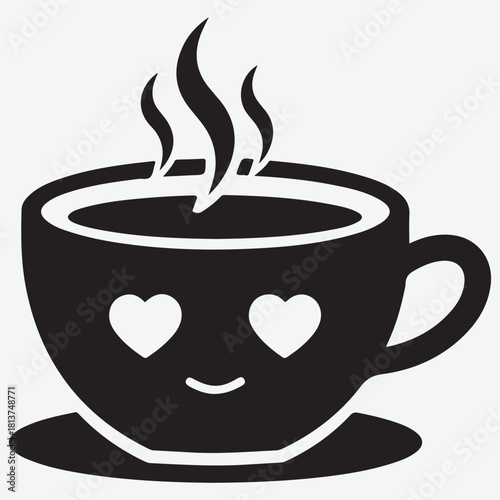 Adorable Black and White Coffee Cup with Heart Eyes and Steam