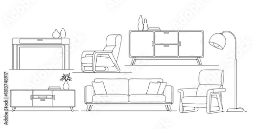 CAD Drawings. Side view of furniture set — modern sofa, lounge chair, console table, cabinet, lamp. Vector illustration.