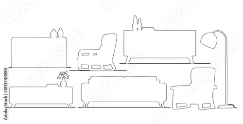 CAD Drawings. Side view of outline furniture set — modern sofa, lounge chair, console table, cabinet, lamp. Vector illustration.