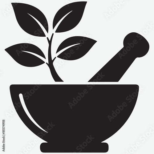 Black and white icon of a mortar and pestle with a plant growing from it