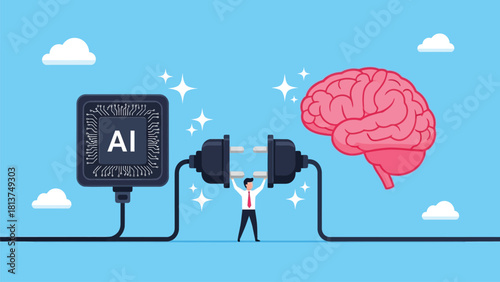Artificial Intelligence and Human Brain Connection Concept. Businessman Connecting AI Chip Plug to Brain Socket for Synergy and Technological Power.