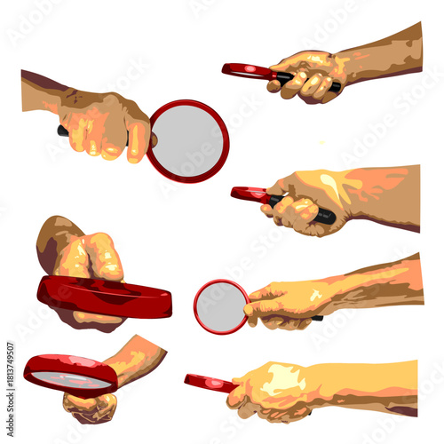Set of human hand palms holding magnifying glass plastic handle in different positions and view angles isolated on white vector illustration