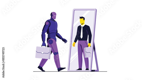 Robot Looks in Mirror and Sees Human Businessman Reflection. Artificial Intelligence Self-Awareness, Transformation, and Future of Work Concept Vector Illustration.