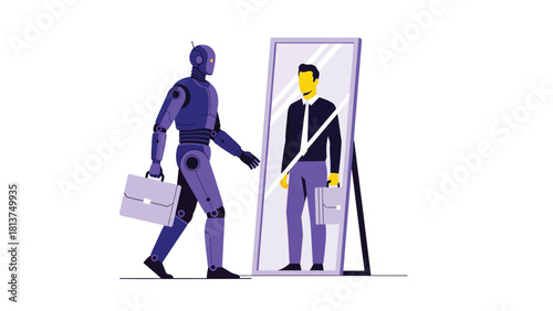 Robot Businessman Looking in Mirror Seeing Human Reflection Concept Vector Illustration