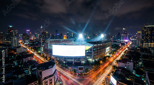 Stadium at Night, an Aerial View of a Massive Sports Arena with a Blank Screen Amidst a Dazzling City Skyline