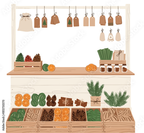 Illustration of an eco-friendly Christmas market stall with various organic products on display, including pinecones, fruits, and plants, against a clean white background with a natural and