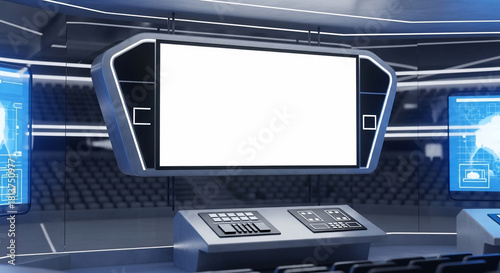 Large Blank Screen in a Futuristic Control Room, with Modern Control Panels and Empty Auditorium Seating, Awaiting a High-Tech Presentation