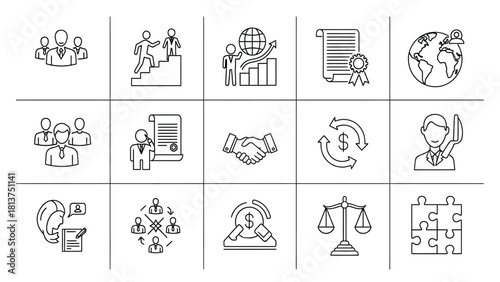 Business and Corporate Management Line Icons Set. Vector Outline Symbols for Finance, Legal Documents, Teamwork, Global Growth, and Partnership Concepts.