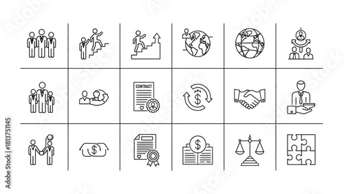 Business and Finance Line Icons Set. Vector Collection of Illustrations for Teamwork, Career Growth, Global Partnership, Contract Signing, Legal Justice, and Financial Transactions.