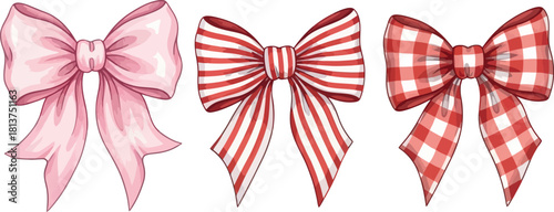 Decorative ribbon bows collection: pink, striped, and red plaid