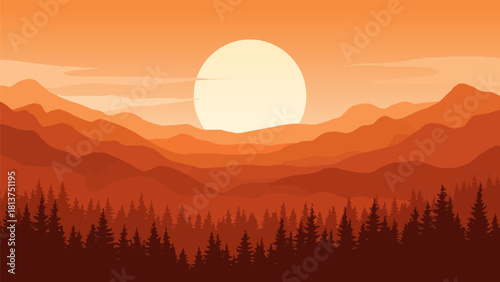 A serene landscape illustration featuring layered mountains and a dense forest under a warm, setting sun, creating a peaceful and inviting scene.