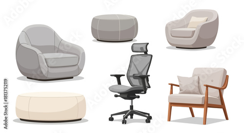 Collection of versatile modern seating furniture including cozy armchairs, chic ottomans, and ergonomic office chairs for contemporary interior design