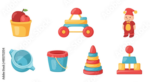 Collection of colorful children's toys and playthings for kids
