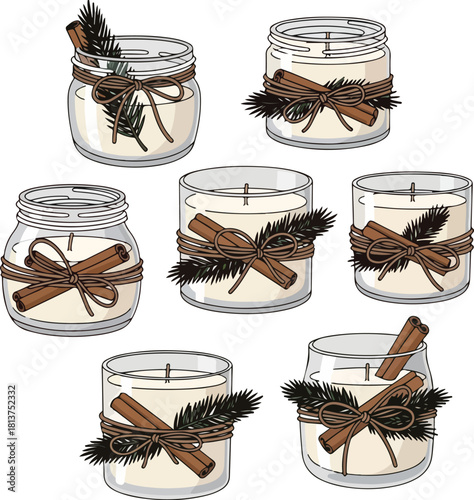 Eco-friendly Christmas candles in glass jars with cinnamon sticks and pine needles on a clean white background.
