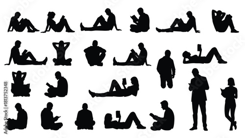 Diverse Vector Silhouettes Collection of People Reading Books and Electronic Devices in Relaxed Poses