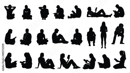 People Sitting and Reading Silhouettes: Diverse Group of Men and Women Relaxing, Studying, and Enjoying Books, Isolated Vector Illustration Set