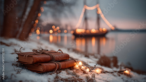 A couple of leather bound journals tied with twine sit in the snow near a calm sea. Soft, warm string lights and the lights of a ship on the water glow gently