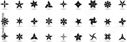 Collection of various Ninja Star, Throwing Stars, showcasing various shapes, vector illustration.