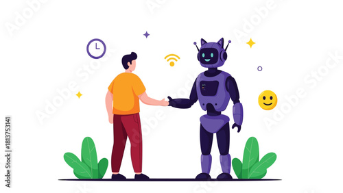 Human and Robot Shaking Hands Illustration. Man making a partnership agreement with AI assistant, symbolizing technology collaboration, future communication, and automation.