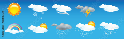 Collection of various Realistic weather forecast icons, showcasing various weather conditions, vector illustration.