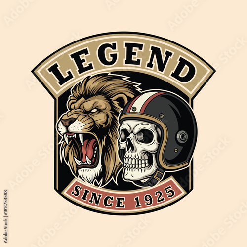Bold emblem features a roaring lion and a skull with helmet, since 1925, symbolizing strength, heritage, and rebellious spirit for brands and custom apparel