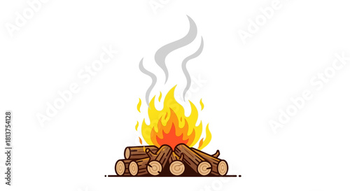 Cartoon bonfire icon with burning wood logs and smoke. Isolated outdoor camping and travel symbol