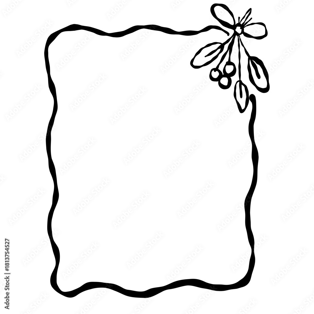 Obraz premium Hand drawn wavy square frame with mistletoe corner accent festive Christmas border ideal for holiday cards invitations planners winter stationery and crafts