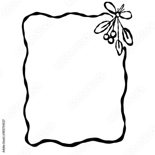 Hand drawn wavy square frame with mistletoe corner accent festive Christmas border ideal for holiday cards invitations planners winter stationery and crafts