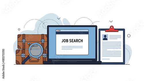 Online Job Search and Career Opportunity Illustration featuring Laptop, Resume, Magnifying Glass, and Suitcases