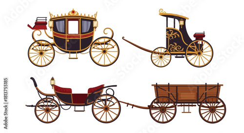 Fairytale royal coach and classic Victorian carriages, a collection of antique horse-drawn buggies illustration set
