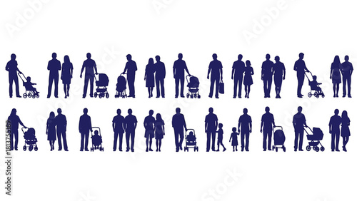 Large Set of Family, Couple, and Parent Silhouettes with Baby Strollers and Young Children Vector Illustration Collection