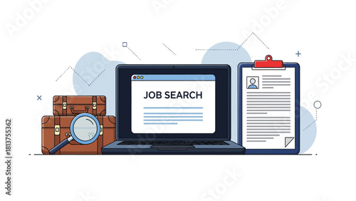 Online Job Search Concept Illustration with Laptop, Resume, Magnifying Glass, and Suitcases