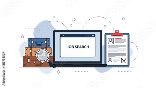 Online Job Search Concept Vector Illustration. Career Change, Recruitment, and Relocation Symbolized by Laptop, Resume, and Luggage.